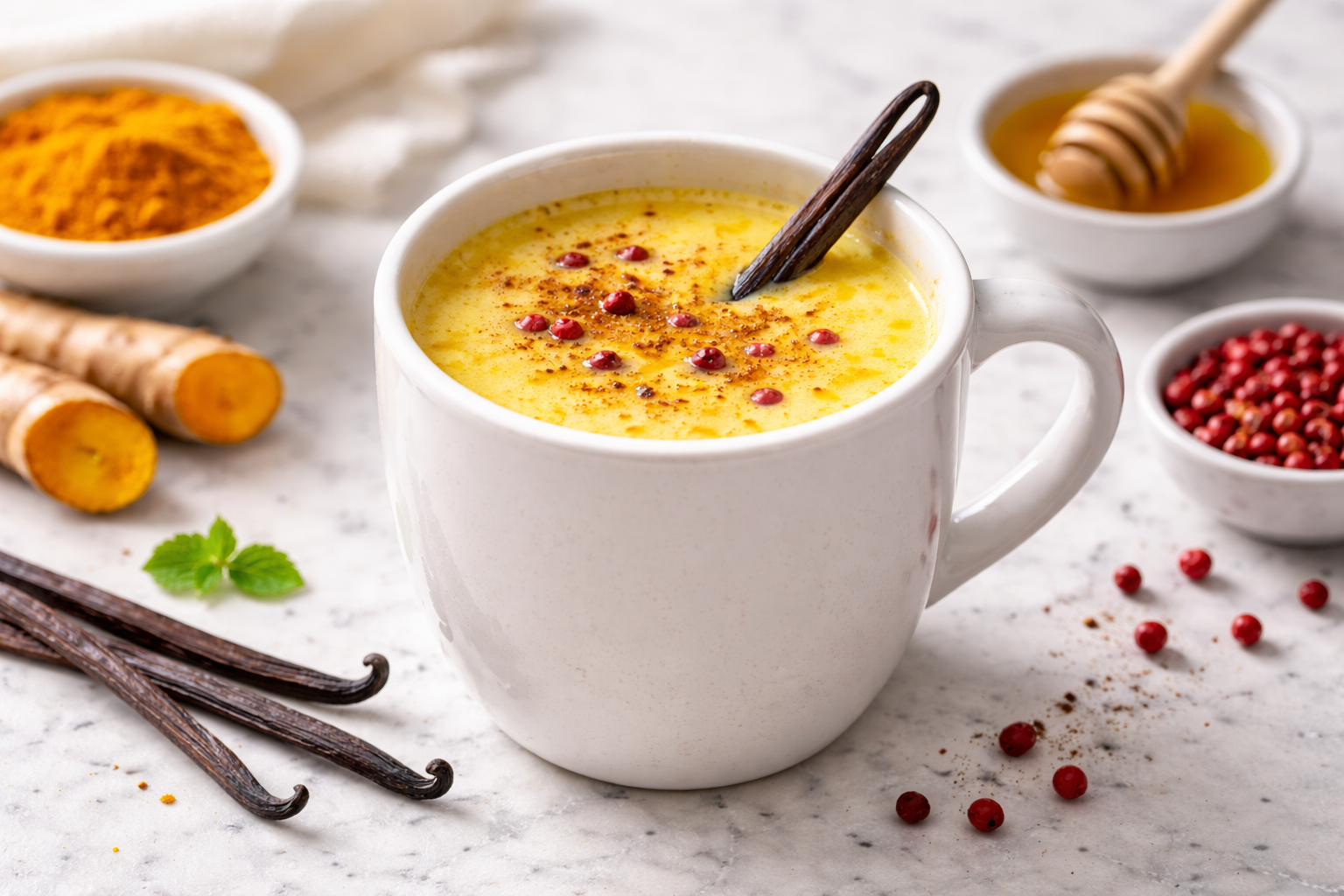 Lait chaud au curcuma, vanille & poivre rose